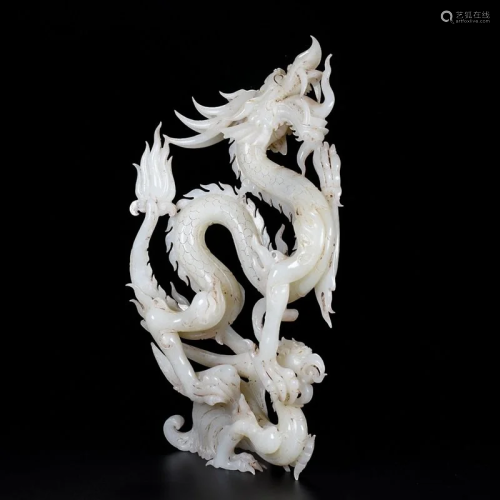 Openwork Superb Chinese Hetian Jade Dragon Phoenix Statue