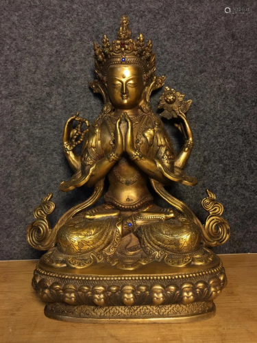 Tibetan Buddhism Gilt Gold Red Copper Four Arm Kwan-Yin Stat...