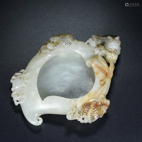 Superb Chinese Hetian Jade Fortune Dragon Brush Washer