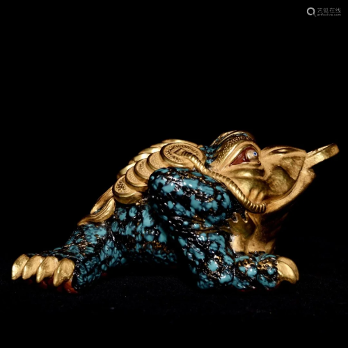 Gilt Gold Turquoise Glaze Fortune Toad Porcelain Statue