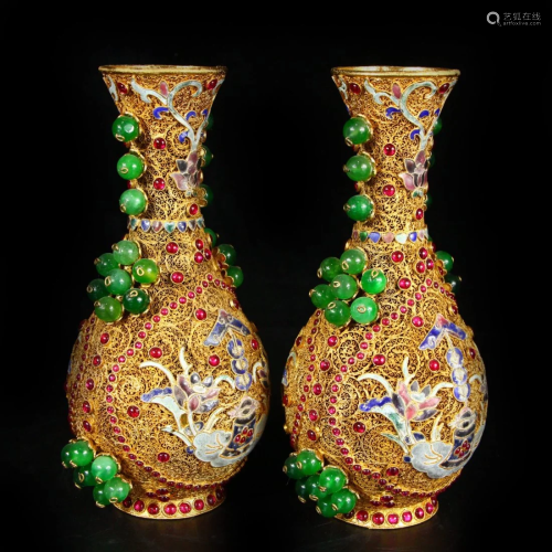 A Pair Superb Chinese Gold Wires Enamel Inlay Gems Vases