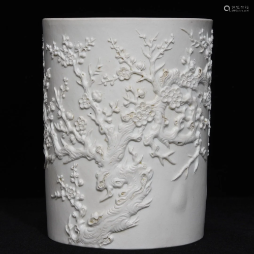 White Glaze Low Relief Plum Flower Porcelain Brush Pot