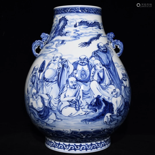 Blue And White Porcelain Eighteen Arhats Design Pot