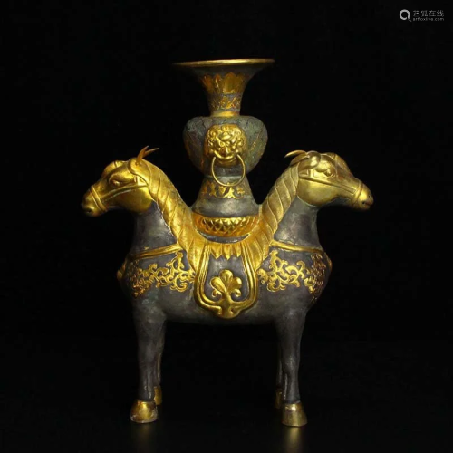 Chinese Pure Silver Gilt Gold Double Horse Head Wine Pot