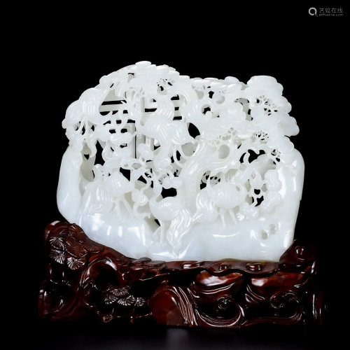 Openwork Chinese Hetian Jade Pine Tree & Crane Statue