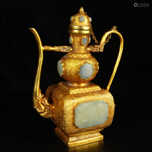 Chinese Gilt Gold Red Copper Inlay Hetian Jade Wine Pot
