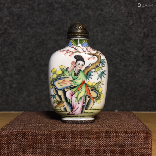 Vintage Chinese Red Copper Enamel Figure Snuff Bottle