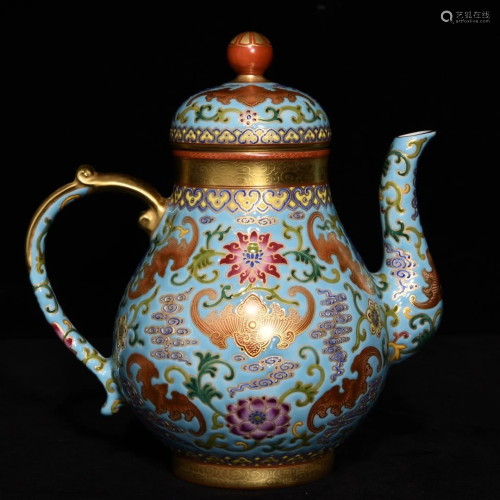 Gilt Gold Blue Ground Famille Rose Porcelain Wine Pot