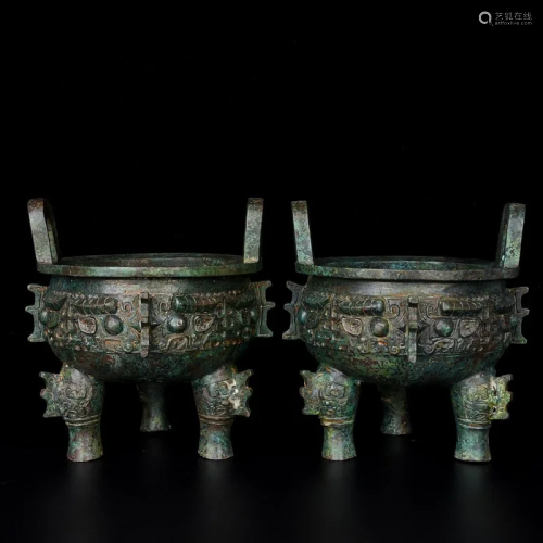 Pair Chinese Bronze Double Ears 3 Legs Incense Burner - Ding