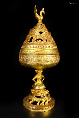 Openwork Chinese Gilt Gold Red Copper Incense Burner
