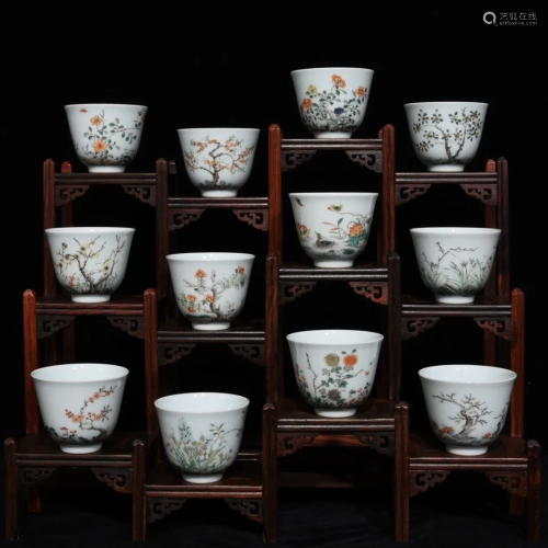 Twelve Famille Rose Flowers & Poetic Prose Porcelain Tea...
