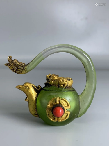 Gilt Gold Green Peking Glass Fortune Beast Snuff Bottle
