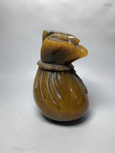 Ox Horn Carved Fortune Bat Money Bag Statue