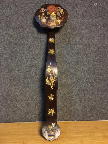 Qing Dy Zitan Wood Inlay Shell & Gem Ruyi Scepter