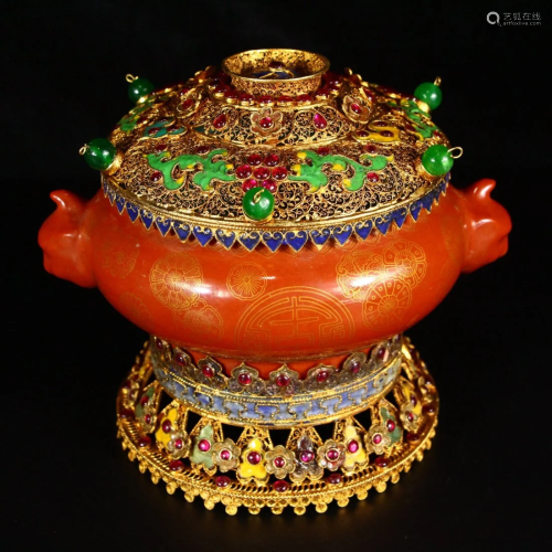 Gilt Gold Red Glaze Porcelain Incense Burner w Gold Wire Ena...