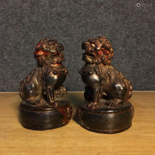 A Pair Vintage Red Copper Lucky Lion Statues