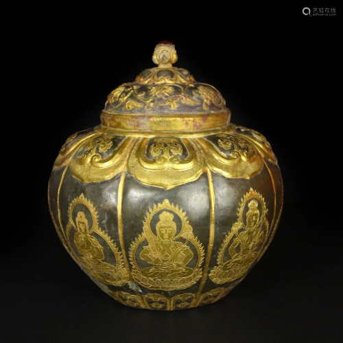 Vintage Silver Gilt Gold Buddhism Figure Design Pot