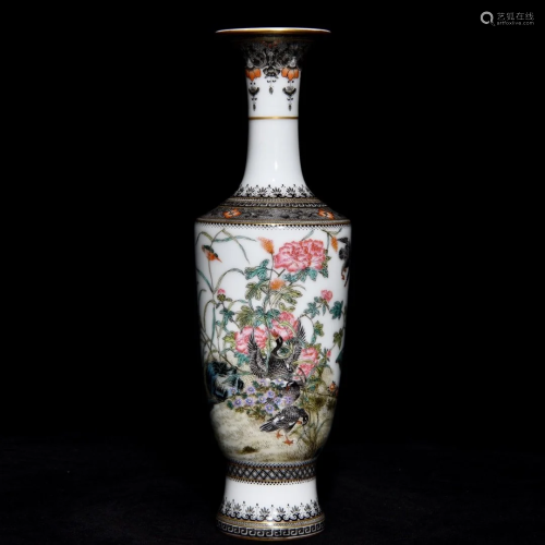 Famille Rose Flower Bird Poetic Prose Porcelain Vase