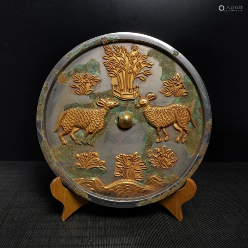 Vintage Chinese Lucky Deer Design Gilt Gold Bronze Mirror