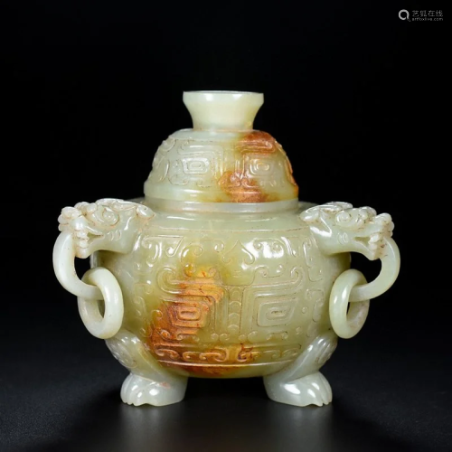 Superb Vintage Hetian Jade 3 Legs Incense Burner