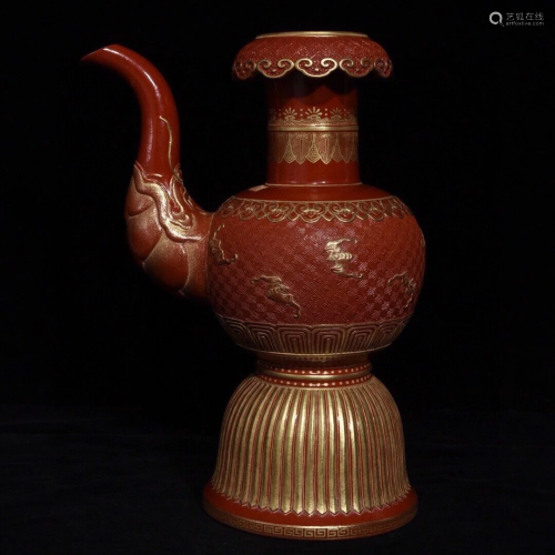 Superb Chinese Gilt Gold Red Glaze Porcelain Spray Pot