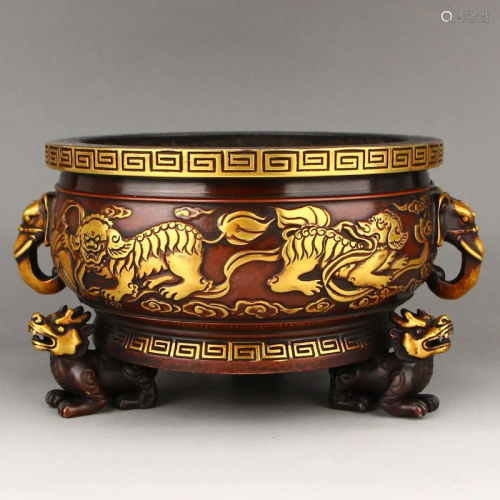 Gilt Gold Red Copper Double Ears Lucky Lion Design Incense B...