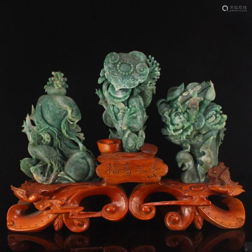 A Set Three Chinese Natural Dushan Jade Ginseng Ruyi Statue
