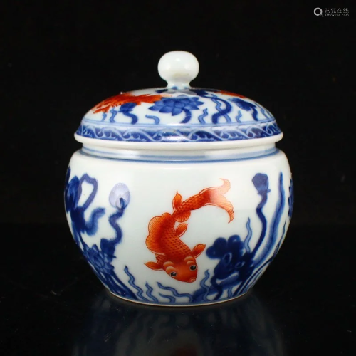 Blue And White Porcelain Lotus Flower & Carp Design Jar ...