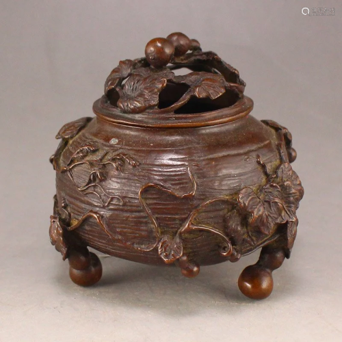 Chinese Red Copper 3 Legs Gourd Incense Burner