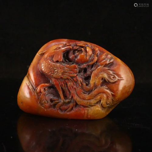 Vintage Chinese Shoushan Stone Phoenix & Peony Seal