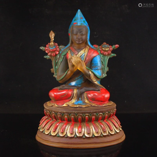 Old Tibetan Buddhism Gilt Gold Peking Glass Tsongkhapa Statu...