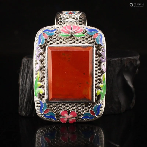 Exquisite Chinese Silver Wire Enamel Inlay Zhanguohong Agate...