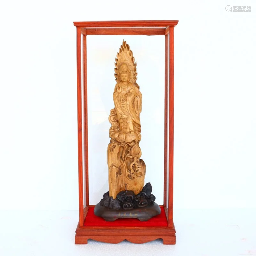 Chenxiang Wood Ruyi Kwan-Yin Statue w Base & Glass Box