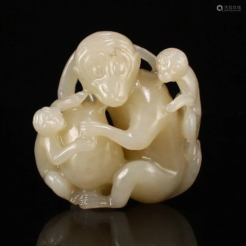 Hand Carved Chinese Natural Hetian Jade Monkey & Peach P...
