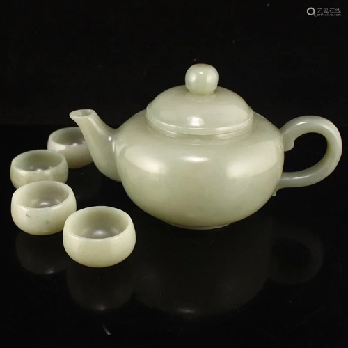 Superb Chinese Qing Dy Hetian Jade Teapot & Cups