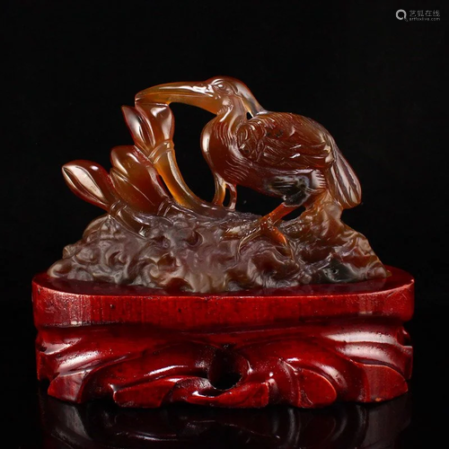 Chinese Agate Carved Crane Statue w Certificate