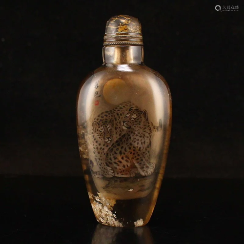 Qing Dy Crystal Inside Painting Leopard Snuff Bottle