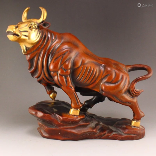 Vintage Gilt Gold Red Copper Fortune Ox Statue