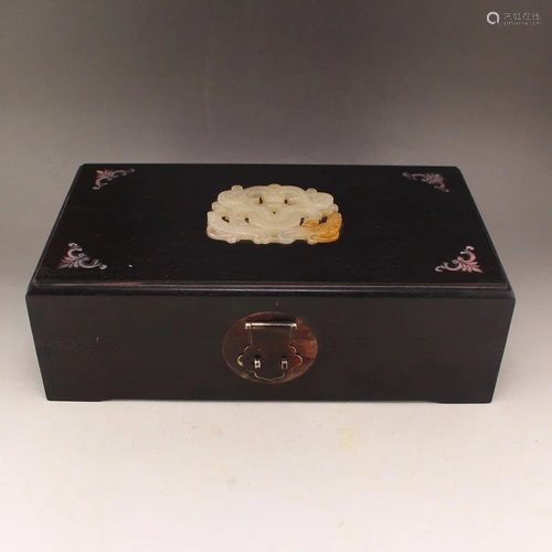 Vintage Chinese Zitan Wood Inlay Jade Jewelry Box