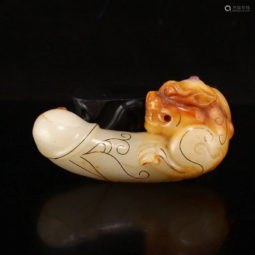 Qing Dy Hetian Jade Inlay Gold Wire & Gem Statue