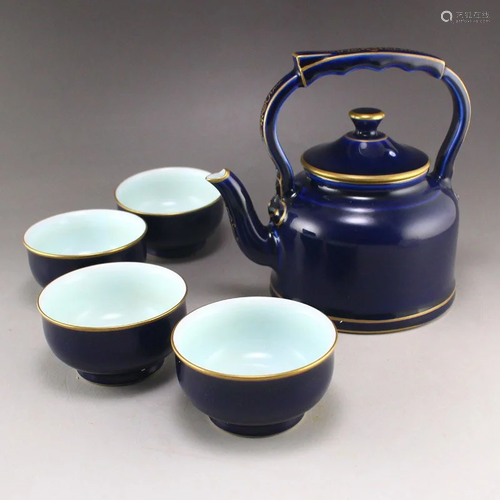 Gilt Edge Blue Glaze Porcelain Handle Teapot & Cups