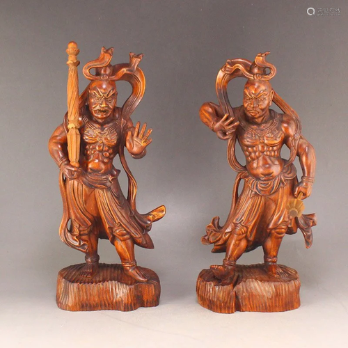 Pair Chinese Boxwood Mythology Figure Statues