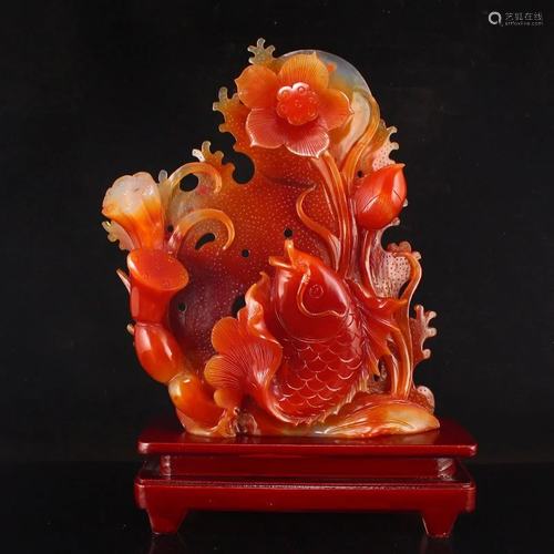 Red Agate Lotus Flower & Carp Statue w Certificate