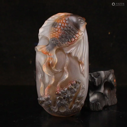 Chinese Agate Carved Tropical Fish Pendant