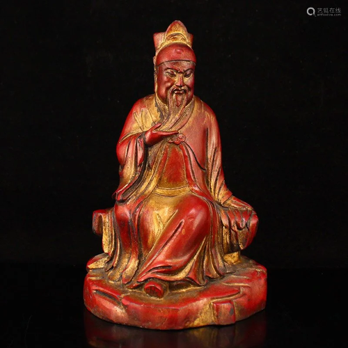 Vintage Chinese Red Lacquerware Bronze Figure Statue