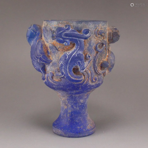 Vintage Chinese Blue Peking Glass Chi Dragon Wine Cup