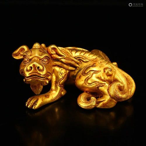 Chinese Gilt Gold Red Copper Fortune Unicorn Statue