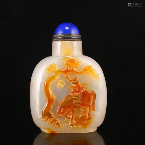 Chinese Agate Low Relief Monkey & Horse Snuff Bottle