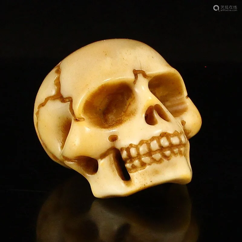 Vintage Bone Carved Skull Head Statue