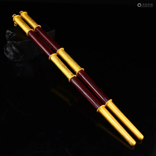 Vintage Chinese Red Zircon Gilt Gold Chopsticks